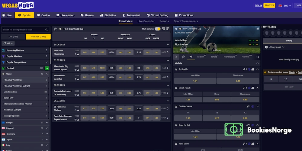 Screenshot of the VegasNOVA sports betting site showing FIFA Club World Cup prematch odds. Inter Milan vs. Fluminense is highlighted, with Inter as favorites. Other matches and betting markets like match result, handicap, and totals are also listed. A bet slip panel appears on the right.